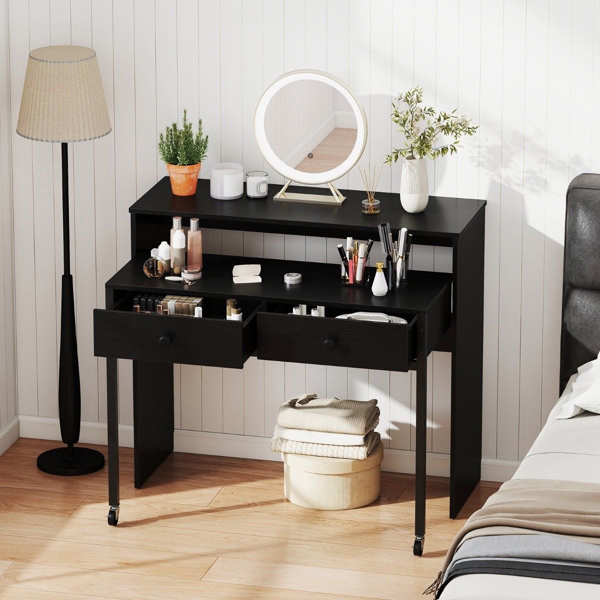 Coast Ausziehbarer Schreibtisch – mit 2 Schubladen – feststellbare Rollen – schwarz – 100 x 63 x 88 cm