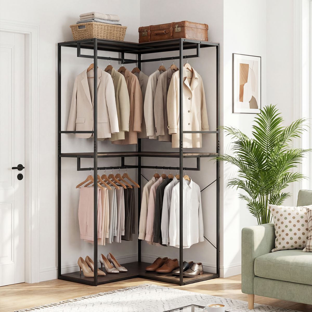 Coast Eckgarderobe mit 3 Ablagebrettern – 4 Kleiderstangen – grau und schwarz – 100 x 100 x 200 cm