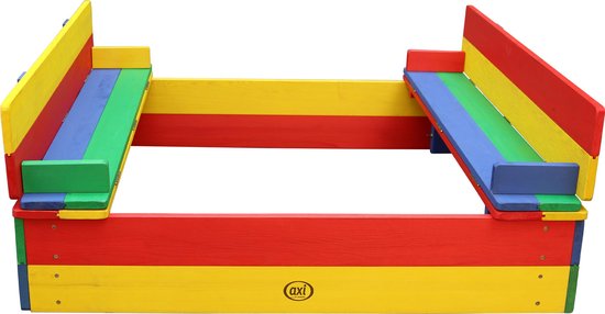 AXI Ella Holzsandkasten in Regenbogenfarben – Mit Sitzbänken und Deckel – FSC-Holz – 100 x 95 x 20 cm – Sandkasten für Kinder