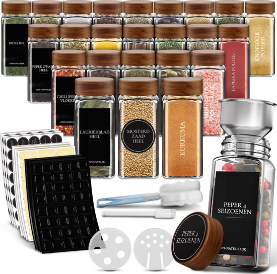 Soothe 24 Glasgewürzdosen quadratisch mit Akaziendeckel - 2 Arten von Streudeckeln - Gewürzstreuer - Gewürzdosen - Komplettset inkl. Gewürzsticker, Kreidestift und Zubehör - 120ml