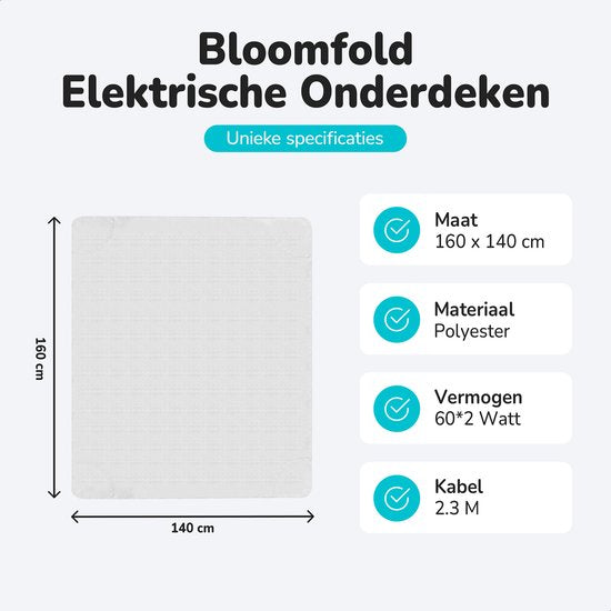 Bloomfold Electric Blanket - 160 x 140 cm - Maschinenwaschbar - 2 Personen - 3 Stufen - Wärmedecke - Weiß/Polyester