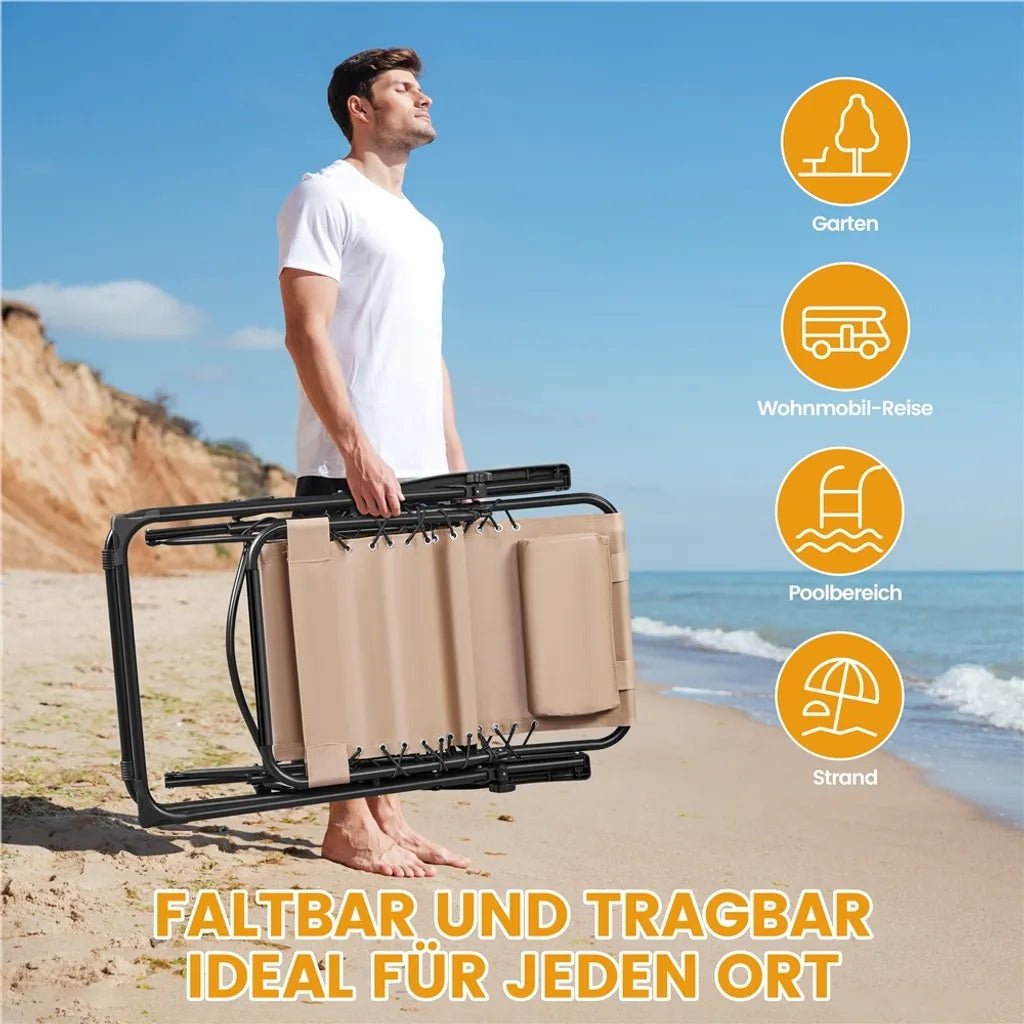 Yaheetech 2er-Set Zero-Gravity-Liegestühle – Beige – Zusammenklappbare Liegestühle mit Kopfkissen und Getränkehalter