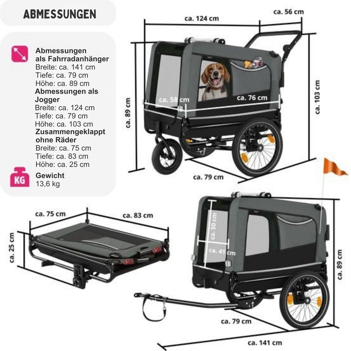 Tectake Fahrradanhänger für Hunde - Zusammenklappbar - Bis zu 40 kg - Grau