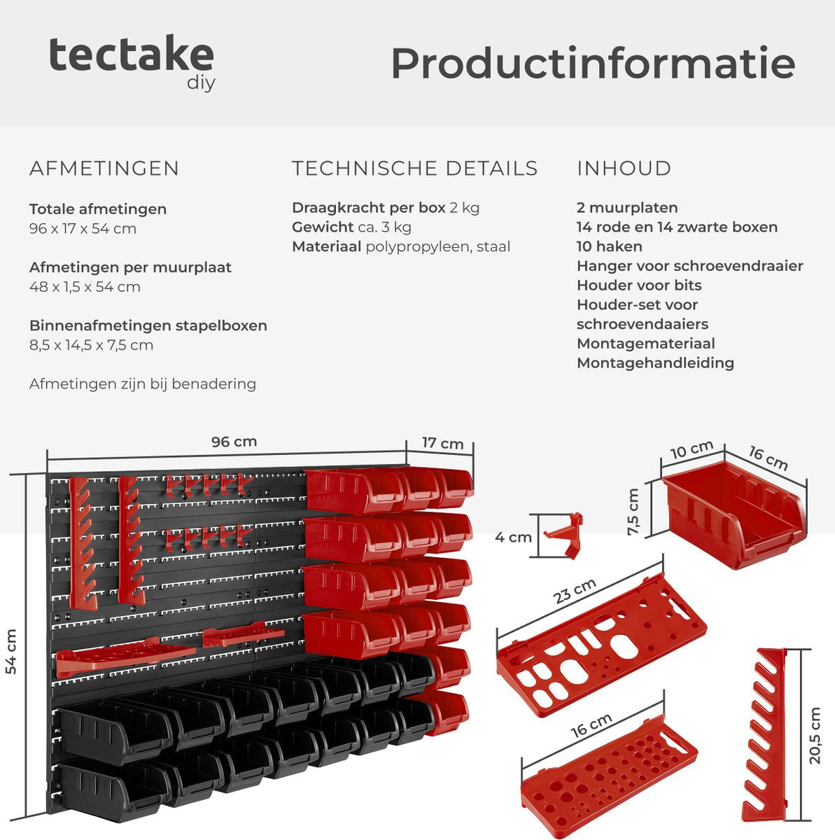 tectake Werkstatt-Werkzeugwand - 96x17x54 cm - Schwarz/Rot - 28 Aufbewahrungskästen & Wandhalterungen