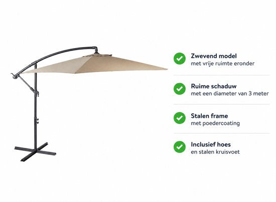Nexxt Banana Sonnenschirm – Schwebeschirm mit Schutzhülle und Stahl-Kreuzfuß - 3 Meter – Taupe