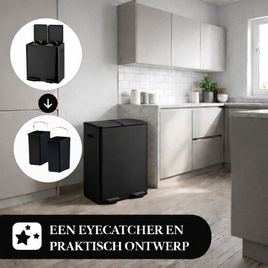 Bayt Mülleimer - Mülleimer 60 Liter (2x30) - Mülleimer 60 Liter - Treteimer 60 Liter - Mülleimer Mülltrennung - Mülleimer 2 Fächer - Mülleimer - Edelstahl - Schwarz