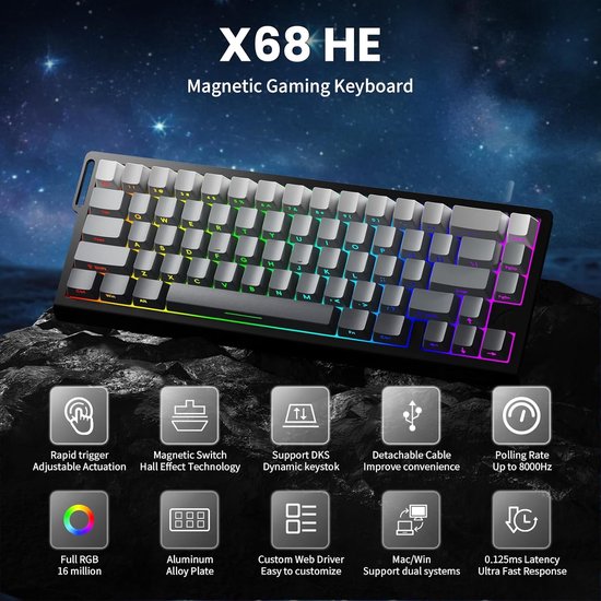 ATTACK SHARK X68HE – Magnetisch gekoppelte, kabelgebundene Gaming-Tastatur – 66 Tasten – Seitlich bedruckte PBT-Tasten – RGB – Dekoratives Trageband – 8 kHz – 0,01 mm RT - 0,125 ms - Moonlit Night