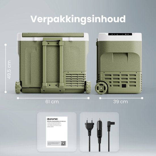 Auronic Electric Cool Box - Kompressor - 40L - 12V und 240 Volt - Camping Kühlschrank - Frigobox Auto - Mit Rädern und Griff - Grün
