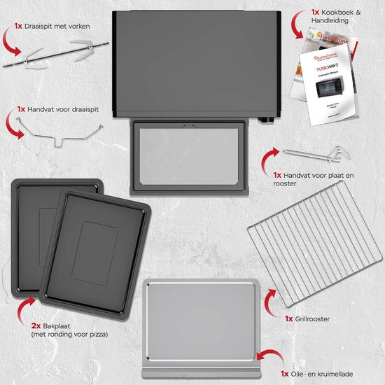 TurboTronic - EV45 Freistehender Backofen - 45 Liter Fassungsvermögen - 2000W Leistung - Heißluft- & Rotisserie-Funktion - 100-230°C - Schwarzer Edelstahl