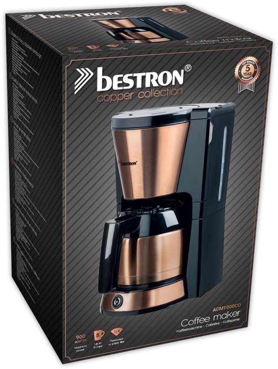 Bestron Filterkaffeemaschine 900 W – ACM1000CO – 1 l, 8 Tassen – Thermoskanne – Kupfer – 5 Jahre Garantie