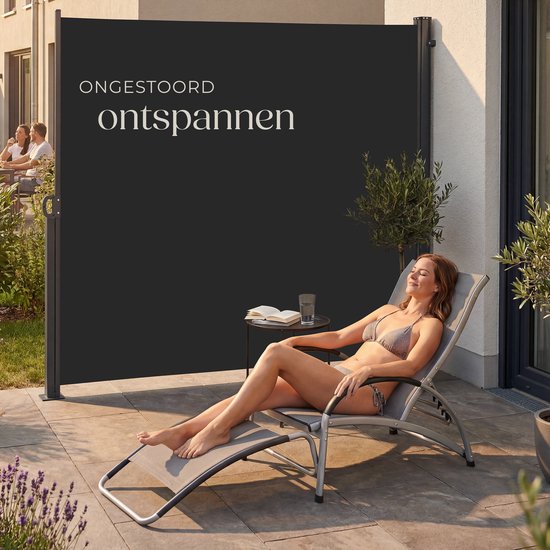 tectake® Ausziehbarer Windschutz mit Aufrollmechanismus – 300 x 200 cm – Seitenmarkise mit Aluminiumrahmen – Sonnenschutz – Gartenschutz – Schwarzer Balkon-Sonnenschutz – Undurchsichtiger Sichtschutz – Markisentuch