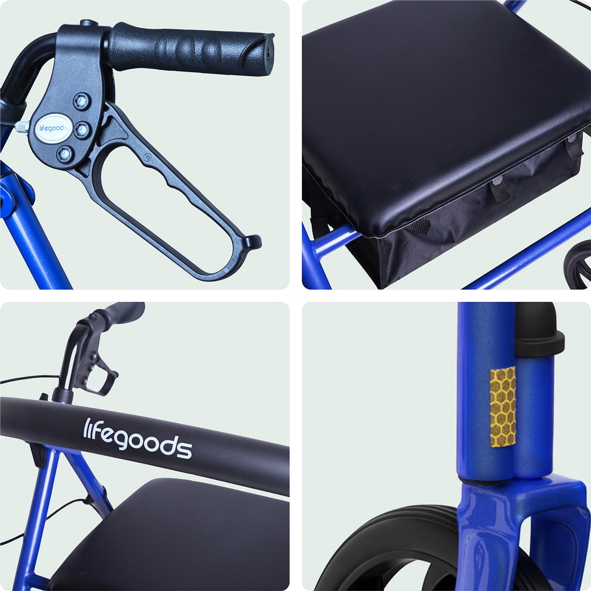 LifeGoods Basic Rollator – leicht und zusammenklappbar – mit Sitz und Rückenlehne – höhenverstellbar von 79 bis 89 cm – Tragkraft 136 kg – 66 x 59 x 79–89 cm – dunkelblau