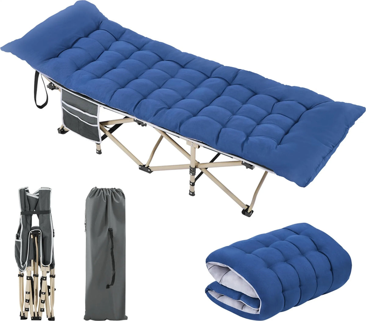 Yaheetech Camping Bett faltbar 150 kg - Ausgestattet mit weicher Matratze und Seitentaschen und enthält Tragetasche - Für Camping und Büro - Grau und Blau 600D Oxford und Metall - 191 x 67 x 56 cm