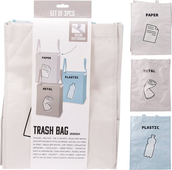 Müllbeutel-Recycling-Set, 3 Stück – robuste Aufbewahrungsbeutel für die Mülltrennung.