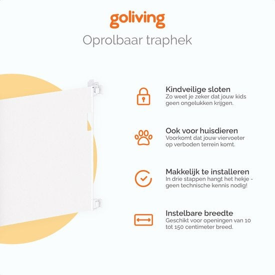 Goliving Sicherheitstor - bis 150 cm - Kindertor - Stabiles Netz - Für Babys und Hunde - Langlebiges Material