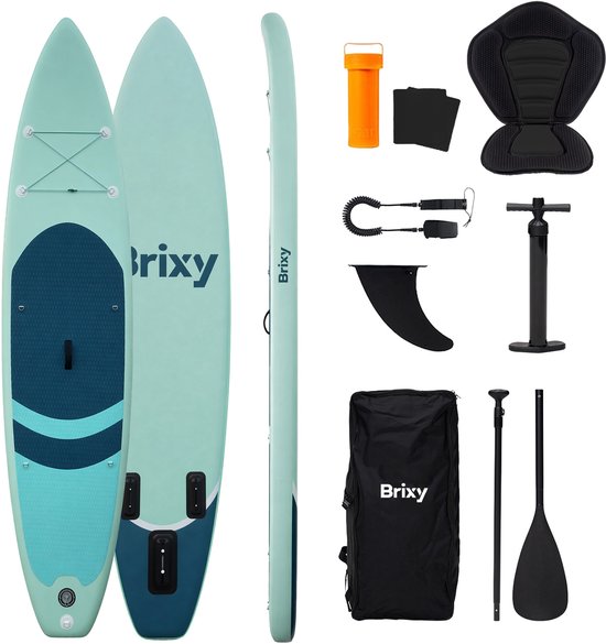 Brixy 2-in-1-SUP-Board – mit Sitz – aufblasbares Paddle-Board – Komplettset – 335 cm – max. 175 kg – Mintgrün/Blau