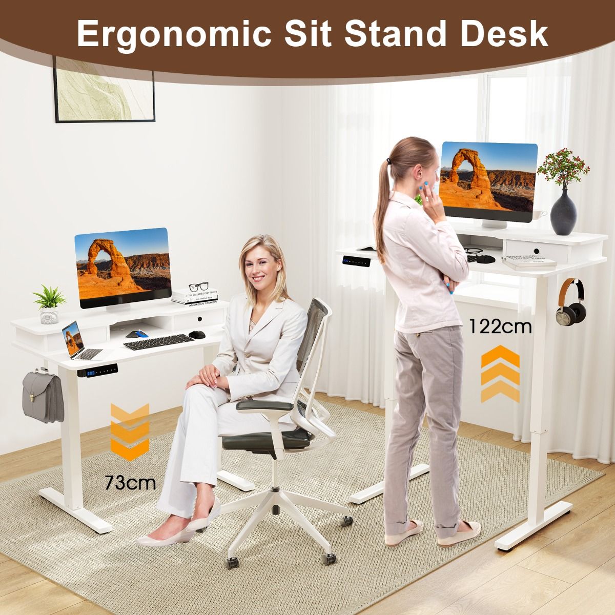 Coast Elektrischer Sitz-Steh-Schreibtisch – Höhenverstellbar – Mit Monitorhalterung und Schubladen – Weiß 100 x 60 cm