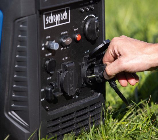 Scheppach Benzingenerator SG3500i – 3500 W – Inverter-Generator – 4,8 PS – Aggregat mit 2x 230 V, 1x 12 V und 2x USB-Anschlüssen – Benzin-Stromgenerator