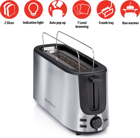 alpina Toaster mit Toasterklemmen und Langschlitz - Toaster 2 Stück Brot mit 7 Bräunungsstufen und Auftaufunktion - Toaster Toaster mit herausnehmbarer Krümelschublade - Silber