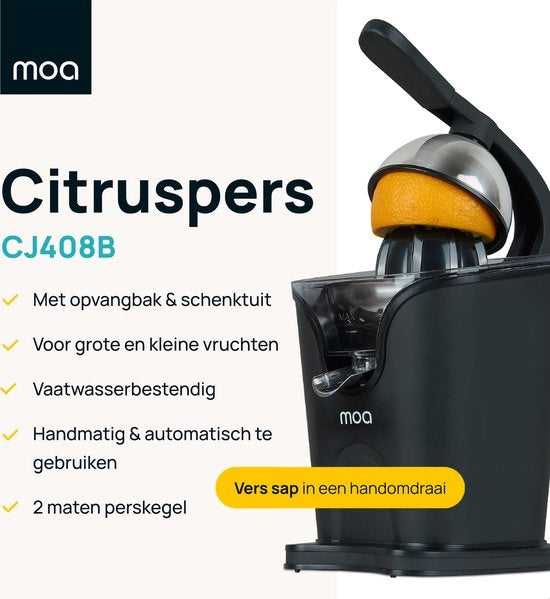 MOA Zitruspresse - Zitruspresse - Elektrische Orangenpresse - Zitronenpresse - 2 Presskegel - Schwarz - CJ408B
