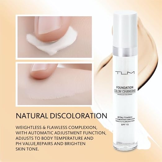 **TLM Foundation – farbverändernde Foundation – passt sich automatisch deinem Hautton an – leicht, feuchtigkeitsspendend und hypoallergen – 24-Stunden-Deckung – wasserfest – Ultra-HD-Make-up**