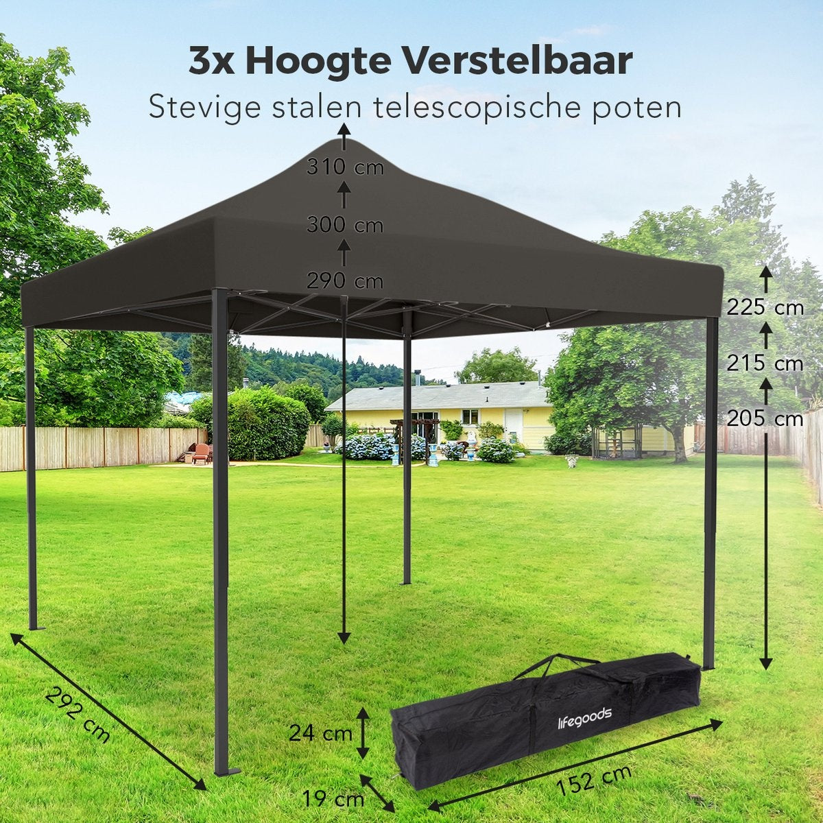 LifeGoods Partyzelt - 3x3 m - leicht aufbaubar - faltbar - wasserdicht - Tragetasche mit Rädern - anthrazit