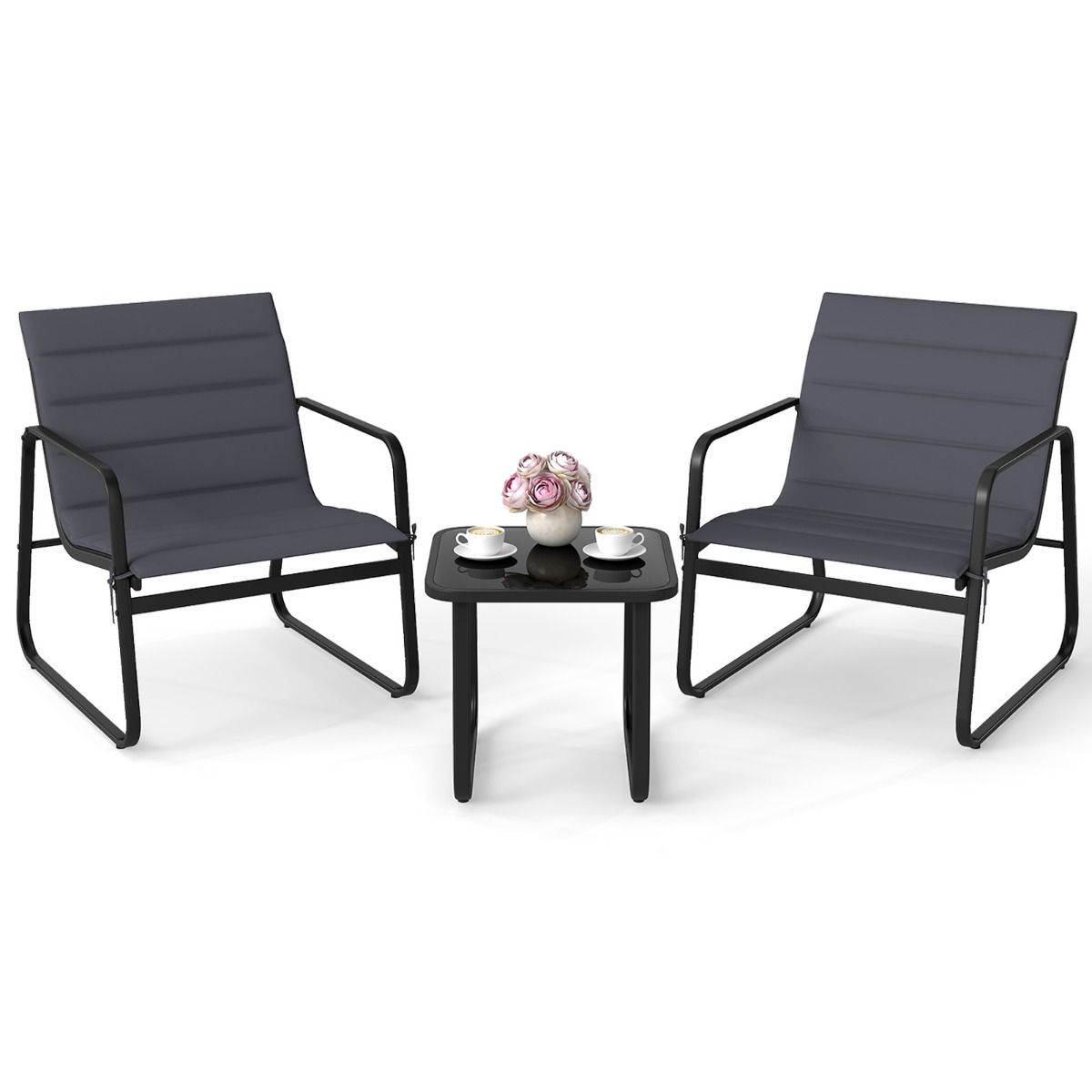 Coast 3-teiliges Gartenset – Gartenstühle mit abnehmbaren Kissen – Beistelltisch mit gehärtetem Glas – grau und schwarz