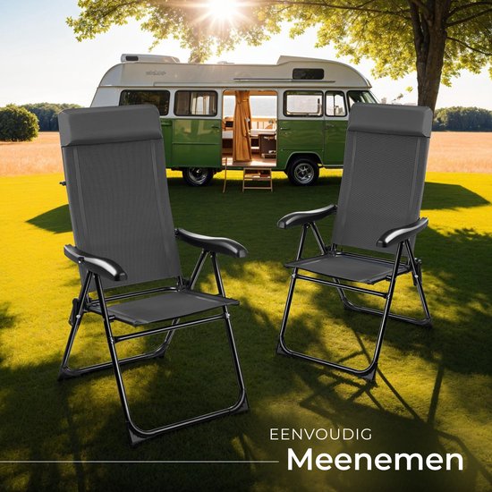tectake Campingstuhl - Klappbar - 7-fach verstellbare Rückenlehne - Gartenstuhl - Liegestuhl - Stahl mit Aluminiumgestell - 2er-Set - Anthrazit