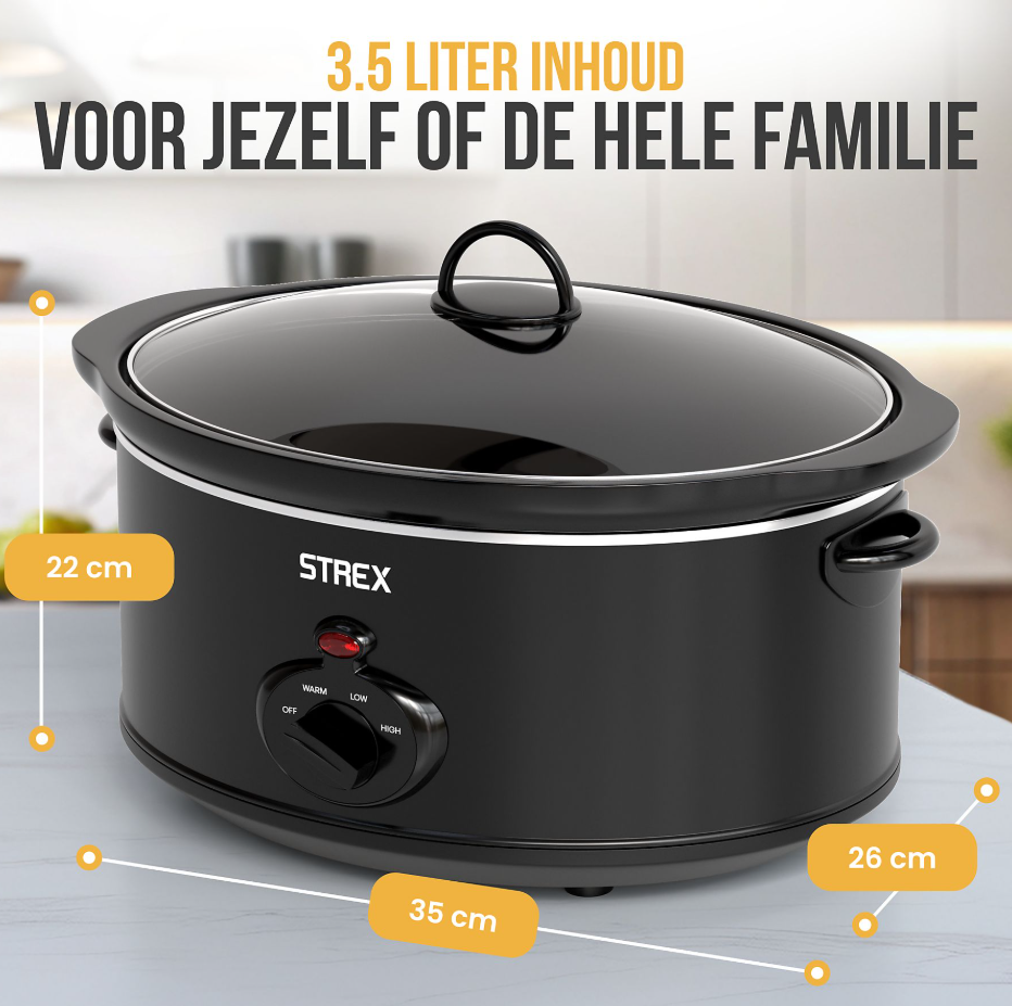 STREX SP307 Slowcooker 3,5 L - Herausnehmbare keramische Innenpfanne - 200 W - Schwarz - 26 x 22 cm