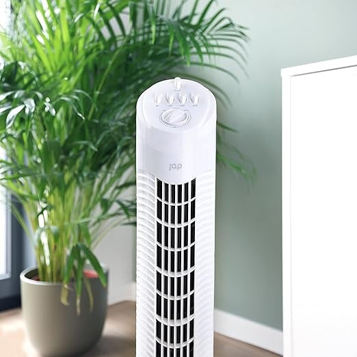 JAP Quebec - Turmventilator - Schwenkender Säulenventilator - Standventilator - Tischventilator - Mit Timer - Weiß