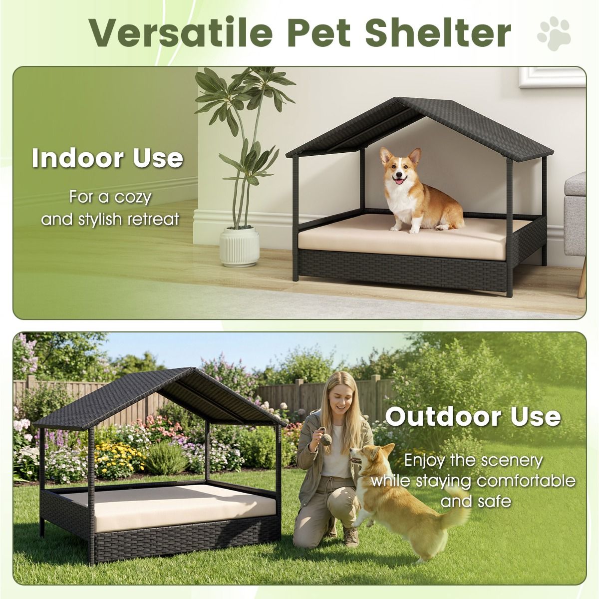 Coast Hundekorb mit Baldachin – Erhöhte Rattan-Hundecouch – Inklusive Kissen – Beige