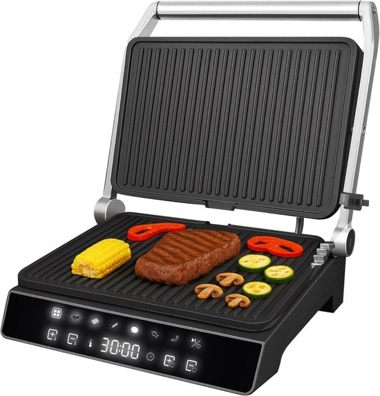 AoraKitchen Kontaktgrill - 180º ausklappbar - Grillgerät mit abnehmbaren Platten - 7 Ständer - Sandwich- und Panini-Eisen - 2000W