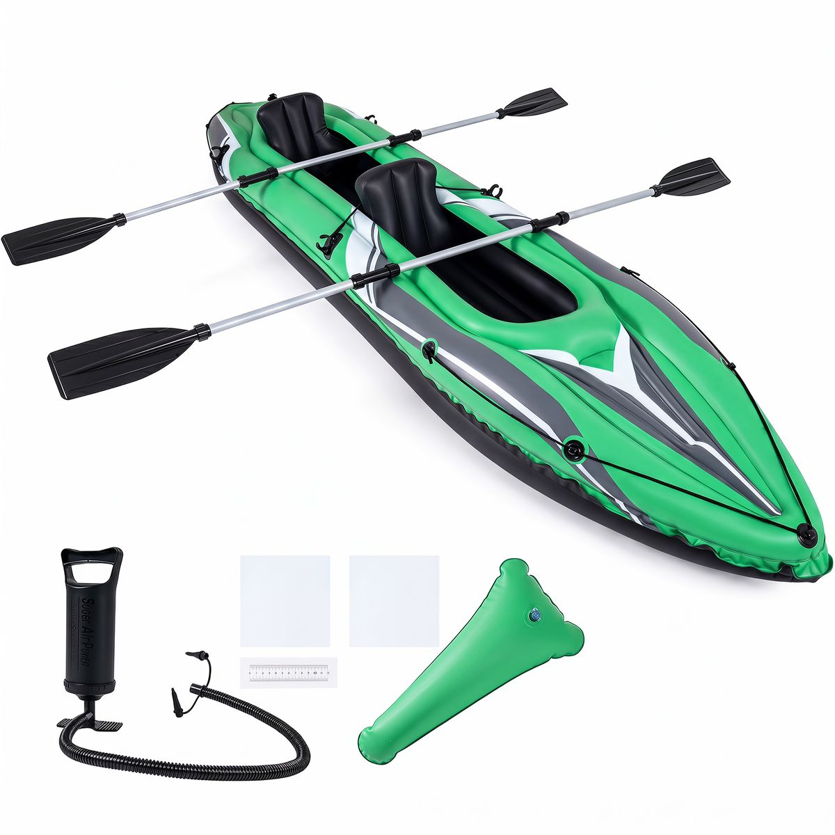 Coast aufblasbares Kajak für 2 Personen – verstärktes PVC – mit Aluminium-Paddeln und Rückenlehnen – grün/schwarz 350 x 78 x 47 cm