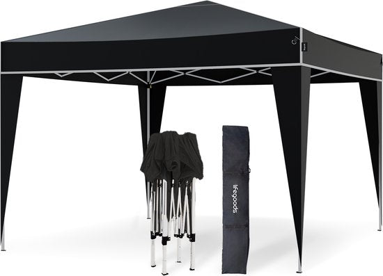 LifeGoods Party Tent Plus - Faltzelt - 3x3 m - Easy Up - Verstärkter Rahmen - Wasserdicht - Tragetasche - Schwarz