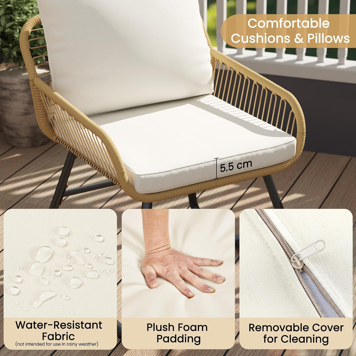 Yaheetech 3-teiliges Bistro-Set – inklusive Kissen und Glastisch – Beige/Creme