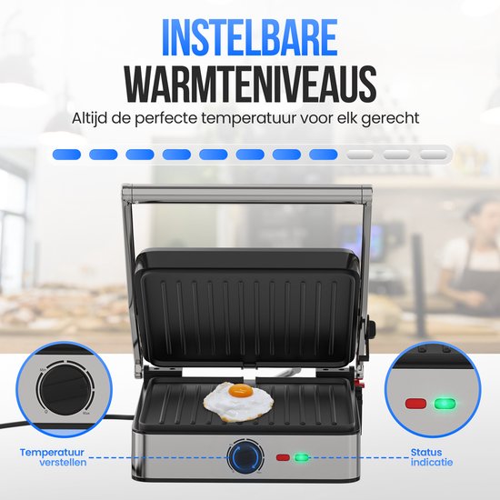 Strex Sandwichgerät XL mit Temperaturregelung - Kontaktgrill groß / Sandwicheisen / Toaster / Grillgerät / Panini Grill - PFAS frei - 2200W