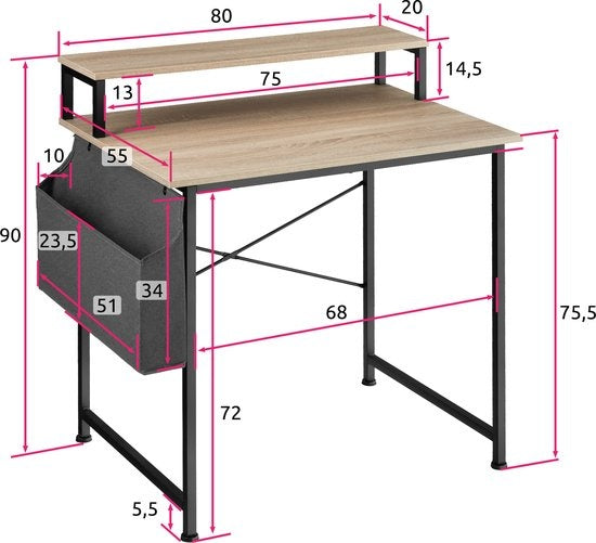 tectake - Everett Schreibtisch - 80 cm breit - Computertisch - mit Ablage und Organizer - hellbraun - 404663