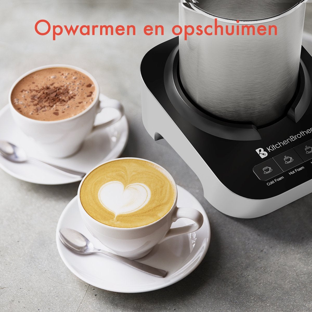 KitchenBrothers - Elektrischer Milchaufschäumer - Spülmaschinengeeignet - 4-in-1 - 400 ML - Edelstahl/Schwarz