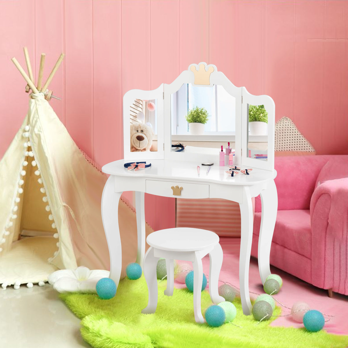 Coast 2 in 1 Friseurtisch Set Kinder Frisiertisch Mädchen Frisiertisch Holz Spiegeltisch weiß 80x42x105cm