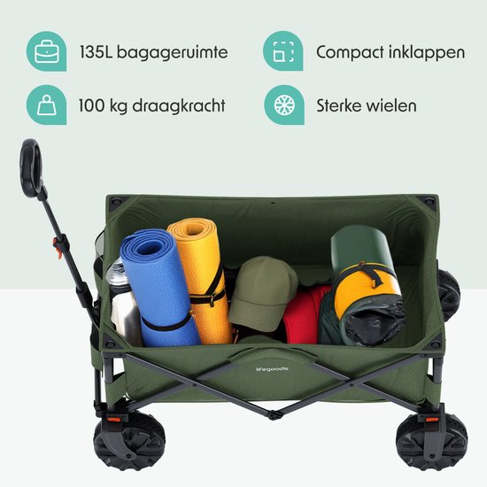 LifeGoods Wagon - faltbar - 100KG - 135L - zusammenklappbarer Wagon mit abnehmbaren Rädern - Schutzhülle - Grün