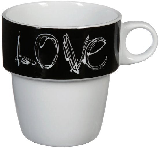 Secret de Gourmet Kaffeetassen/Becher „Love“ – 6 Stück im Metallständer – Keramik – glänzende Oberfläche – 260 ml – 8 x 9 cm