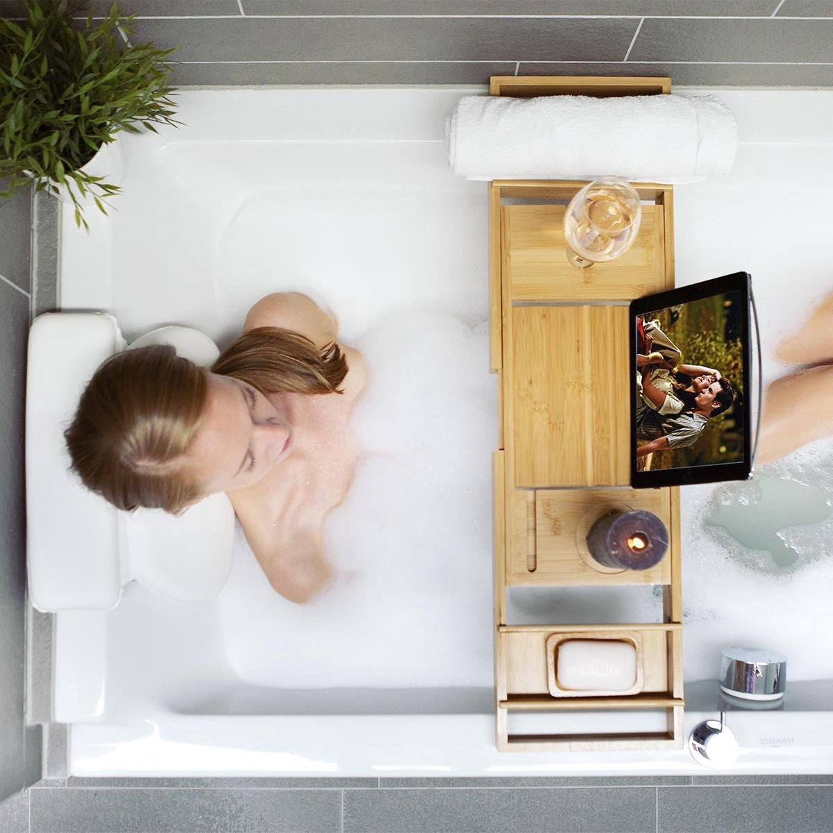 LifeGoods Badewannenbrett - Ausziehbar - Für die Badewanne - 74,5 bis 108,5 cm - Mit Halterung - Holz