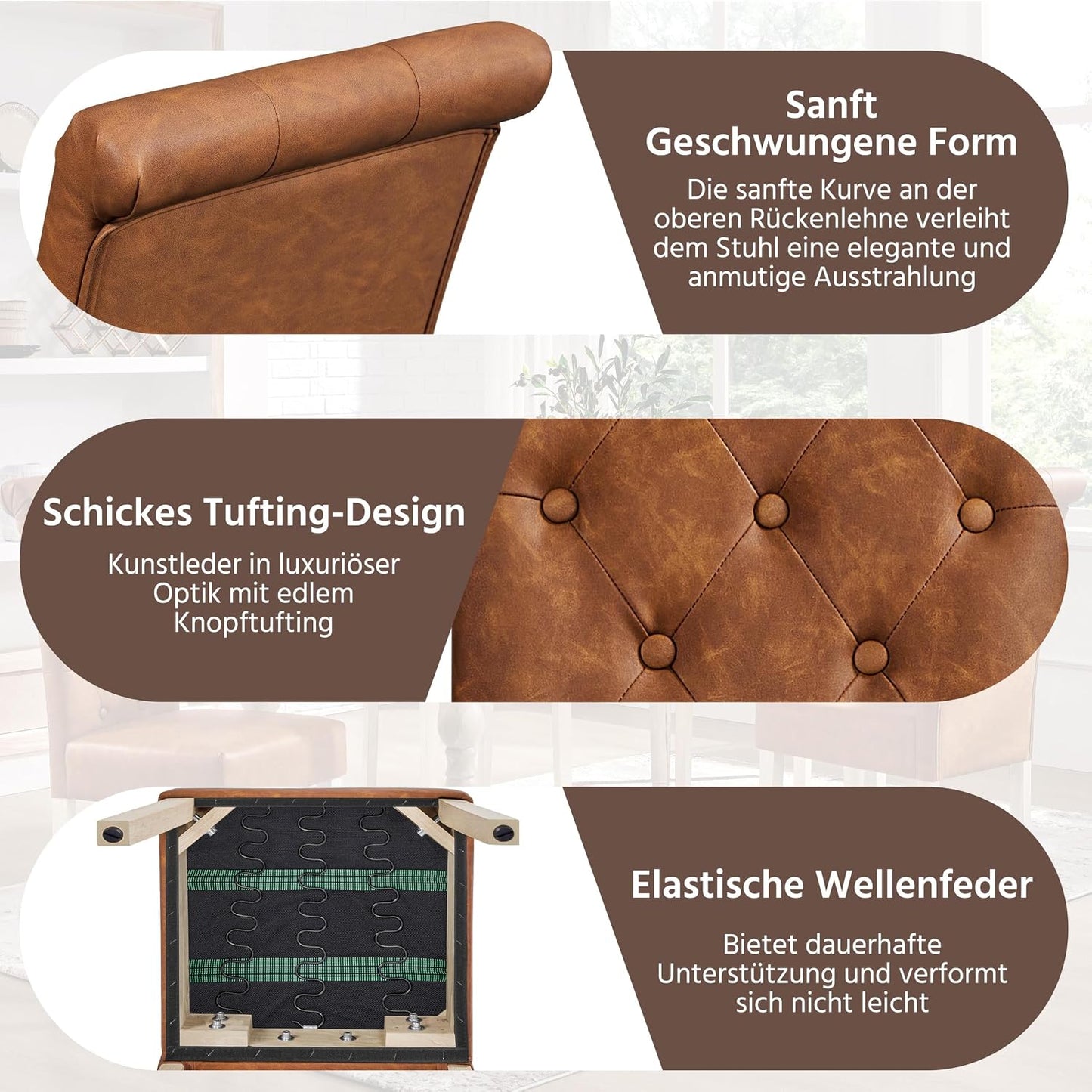 Yaheetech Esszimmerstühle, 2er-Set – Gepolsterte Küchenstühle mit hoher Rückenlehne – 62 x 45,5 x 98,5 cm – Braun