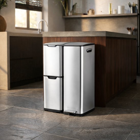 Bayt Mülleimer - Mülleimer 60 Liter - Mülleimer 60 Liter - Treteimer 60 Liter - Mülleimer Mülltrennung - Mülleimer 3 Fächer - Mülleimer - Edelstahl - Silber