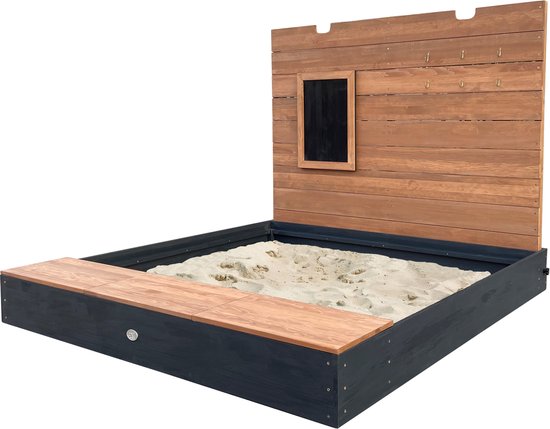 AXI Mandy Sandkasten XXL mit Stauraum und Deckel – mit Bank und Kreidetafel – inklusive Bodenplane – 160 x 151 cm – Anthrazit/Braun