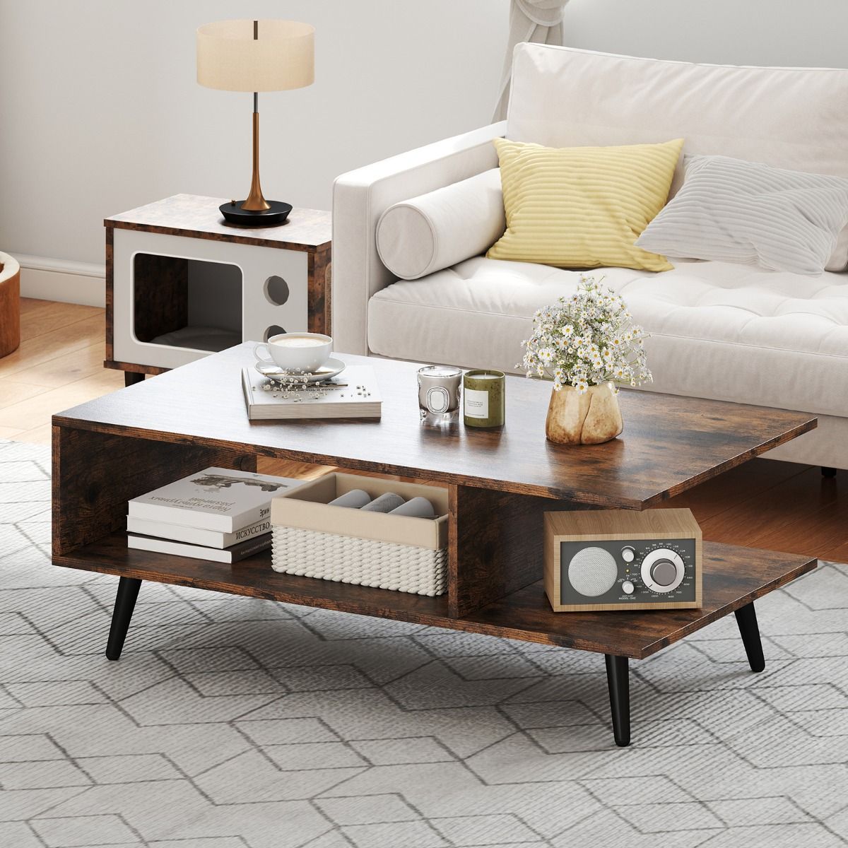 coast Couchtisch 2-stöckig - rustikal braun - 80 x 45 x 30 cm - offene Ablage & Metallbeine