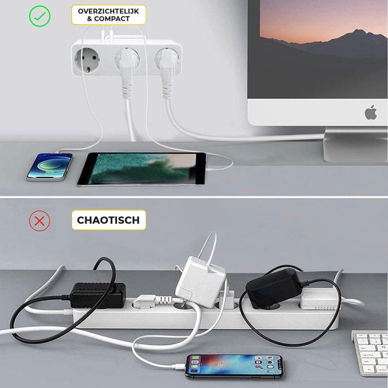 MostEssential Premium 5-in-1-Steckdosenleiste – Steckdosenverteiler – 3 Steckdosen & 2 USB-Anschlüsse – horizontal – weiß