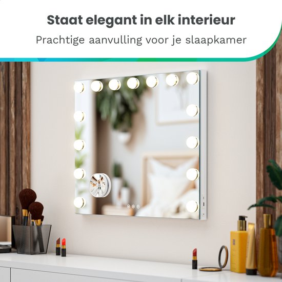 Mirlux Hollywood Mirror 58x48CM - Bluetooth-Spiegel mit 2 Lautsprechern - Schminkspiegel mit Beleuchtung - 15x LED-Lampen - 3 Lichtmodi - 10-fache Vergrößerung - Hollywood-Spiegel mit USB & USB-C - Luxuriöser weißer Schminkspiegel für Schminktisch oder Ba