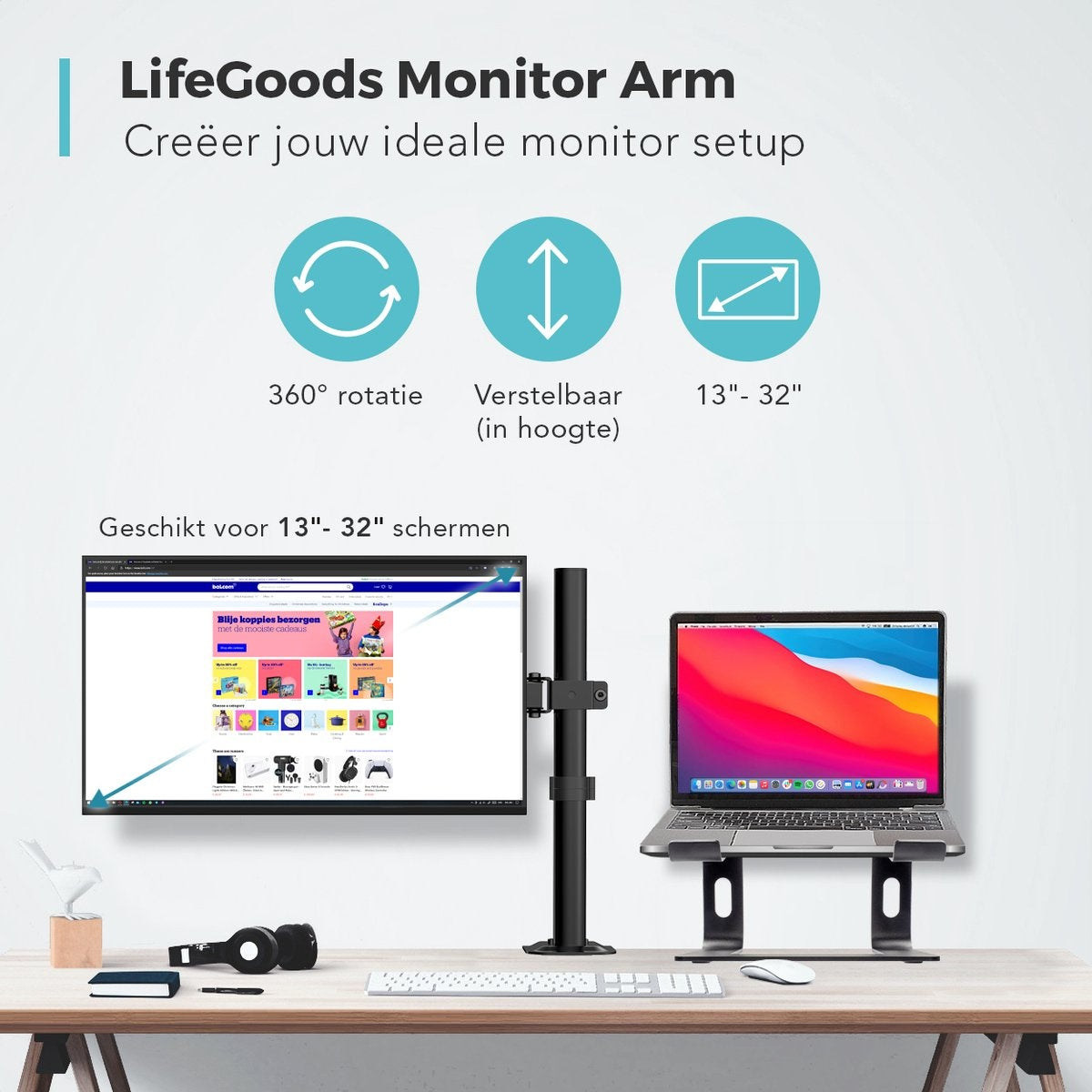 Auronic Monitorarm - 1 Bildschirm - 13 bis 32 Zoll - Verstellbar - Stahl - Schwarz