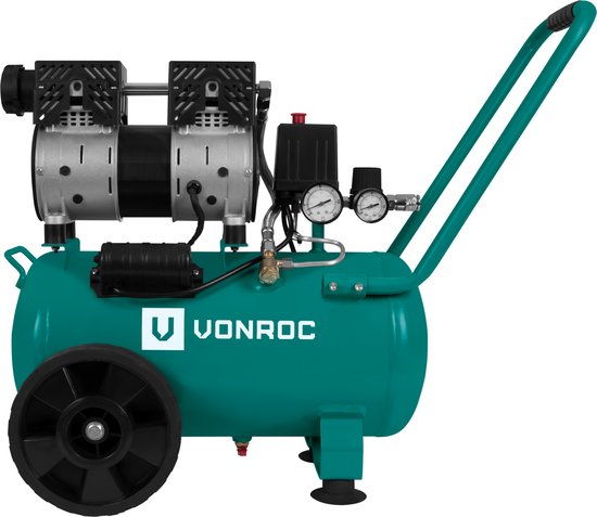 VONROC PRO Silent Compressor - Ölfrei - 750W - 1HP - 128 l/min - 24 Liter - 8 Bar - 57,5dB(A) - Geräuscharm - Grün